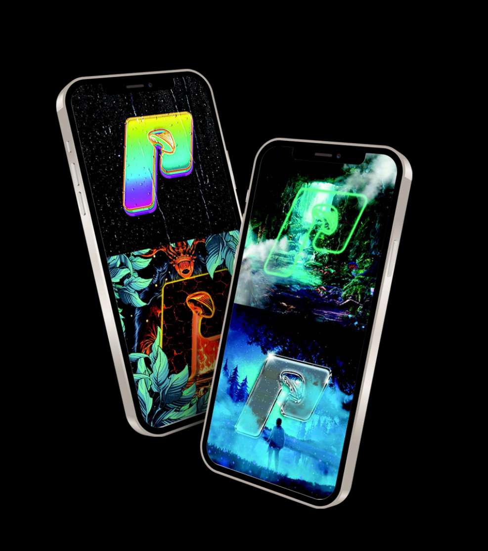 floating iphones showing neon P logos